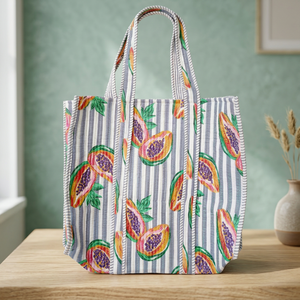 Sac fourre-tout décontracté en coton matelassé à pois bleus, motif frais, style indien durable - Product Image 2