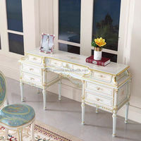 Coiffeuse Rococo de luxe française antique en bois de bouleau massif sculpté avec miroir, design modulaire, bleu clair royal et feuille d'or pour chambre à coucher