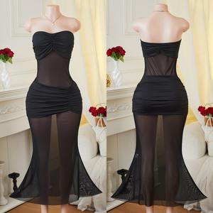 Top court noir sans bretelles en maille patchwork respirant style vintage sexy pour femme, coupe ajustée, à porter seul - Product Image 1