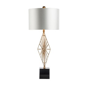 Lampe <span class=keywords><strong>de</strong></span> table géométrique moderne Design sculptural à armature métallique avec base <span class=keywords><strong>en</strong></span> marbre noir et abat-jour à tambour blanc Éclairage décoratif - Product Image 1