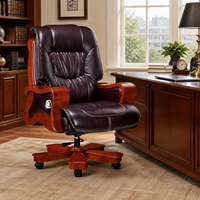 Fauteuil de direction rembourré marron foncé A8041 avec accoudoirs en bois massif et base décorative en bois à cinq branches