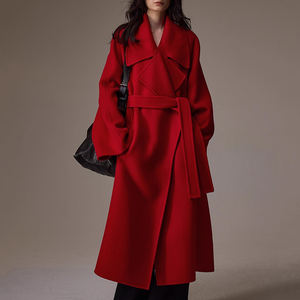 Manteau long en laine rouge surdimensionné à col rabattu Weisilili, hiver, <span class=keywords><strong>double</strong></span> face, véritable laine 100%, pour femmes, avec ceinture - Product Image 1