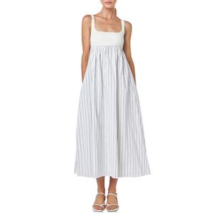 Vestido Midi Casual de Verano con Tirantes, Rayas y Busto Fruncido, de Algodón y Lino, Corte A - Product Image 1