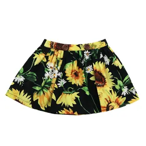 Desenho popular roupas de verão para meninas e crianças, mini saia floral de girassol preto, poliéster e algodão, saias para meninas