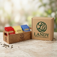 Boîte à sachets de thé Landy en bois d'acacia rustique écologique avec poignées, gravée, 3 compartiments, boîte de rangement ouverte pour café, vente en gros