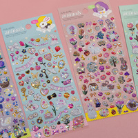 Feuilles d'autocollants en cristal floraux Kawaii pour animaux de compagnie, mini figurines de chat et de lapin, autocollants tridimensionnels éducatifs, cadeaux promotionnels faits à la main