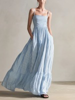 Robe longue tissée rayée pour femme, col carré, volants étagés, avec poches, taille haute, en lin, décontractée, pour l'été et la plage