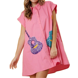 Mode boutons col étincelle broderie paillettes guitare femmes Mini robe surdimensionné coton paillettes guitare femmes Mini robe - Product Image 1