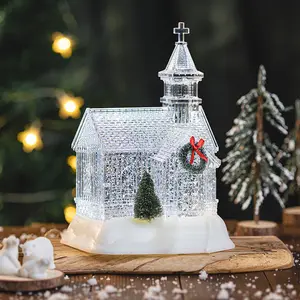 2023新製品クリスマスアクリル教会ランプ飾りミュージカルクリスマスギフト照明付きスノーウォーターランタン
