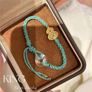 Qinglan Treasure Gourd 925 Sterling Silver Gold Plated Bracelet <b>Braided</b> <b>Cord</b> Unisex Everyday Wear - Product Image 1