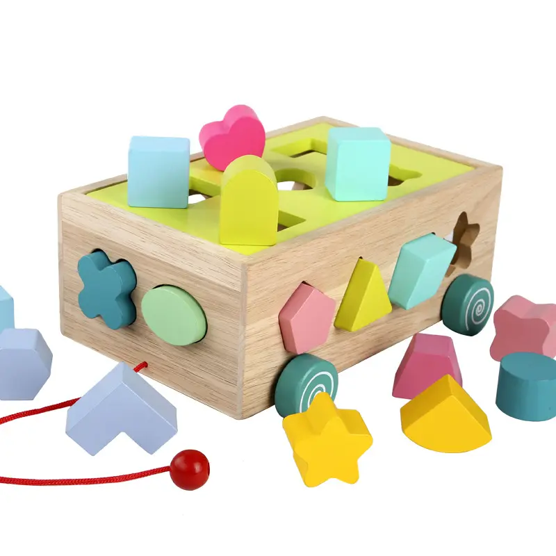 Children Toy Wooden Pull Along Colourful Pre-School Block And Shape Sorter New 