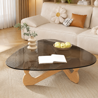 Mesa de Centro Moderna de Vidrio Templado y Madera Sólida para Sala de Estar o Apartamento, Forma Triangular