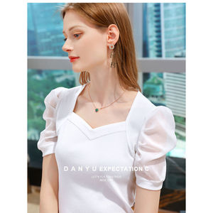 Women's Ice Silk Puff Sleeve <b>Top</b> Solid Color Short Sleeve Blouse Everyday Wear Blue - Product Image 3