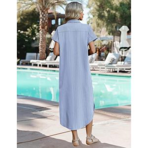 Womens Casual Summer Long Shirt <b>Dress</b> With Pockets Turn Down Collar <b>Loose</b> Waist Breathable Woven Fabric Beach Cover Up - Product Image 5
