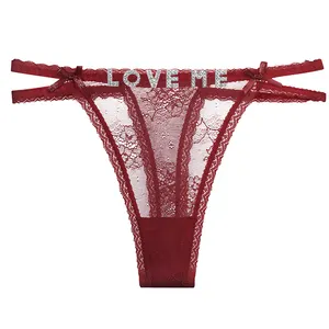 Custom Name Rhinestone Letter Sexy Eyelash Lace Low Waist Panty Women's Panties G String Ladies Lace Thong