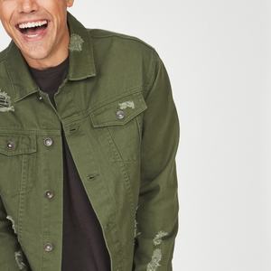 แจ็คเก็ตยีนส์สีเขียวมะกอกแบบเรียบสำหรับผู้ชาย ดีไซน์ทันสมัย ขายส่ง พร้อมป้ายและลายพิมพ์ตามสั่ง - Product Image 2