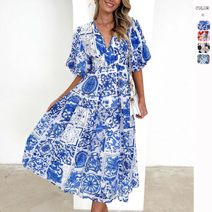 Vestido estampado <span class=keywords><strong>de</strong></span> vacaciones para mujer, escote en V profundo, elegante, Manga corta acampanada, cintura alta, vestido acampanado, bata <span class=keywords><strong>de</strong></span> fiesta colorida para mujer - Product Image 2