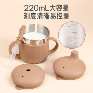 Vaso de entrenamiento para bebés de acero inoxidable con doble asa y boca ancha, con pajita, para niños de 6 meses en adelante. - Product Image 3