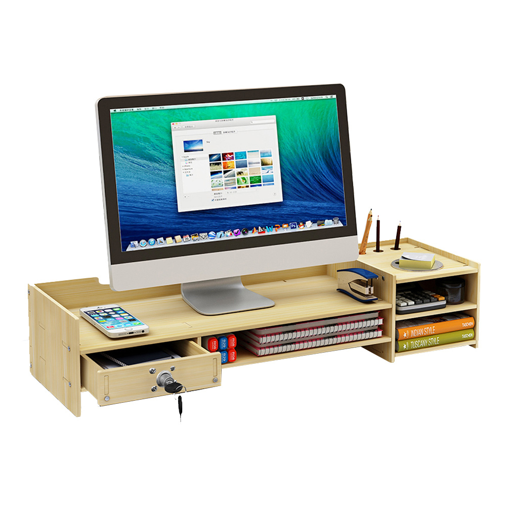 Bamboo Monitor Stand Riser, Laptop Stand with 3-Tier Desktop Storage Organizer, Drawer with Lock