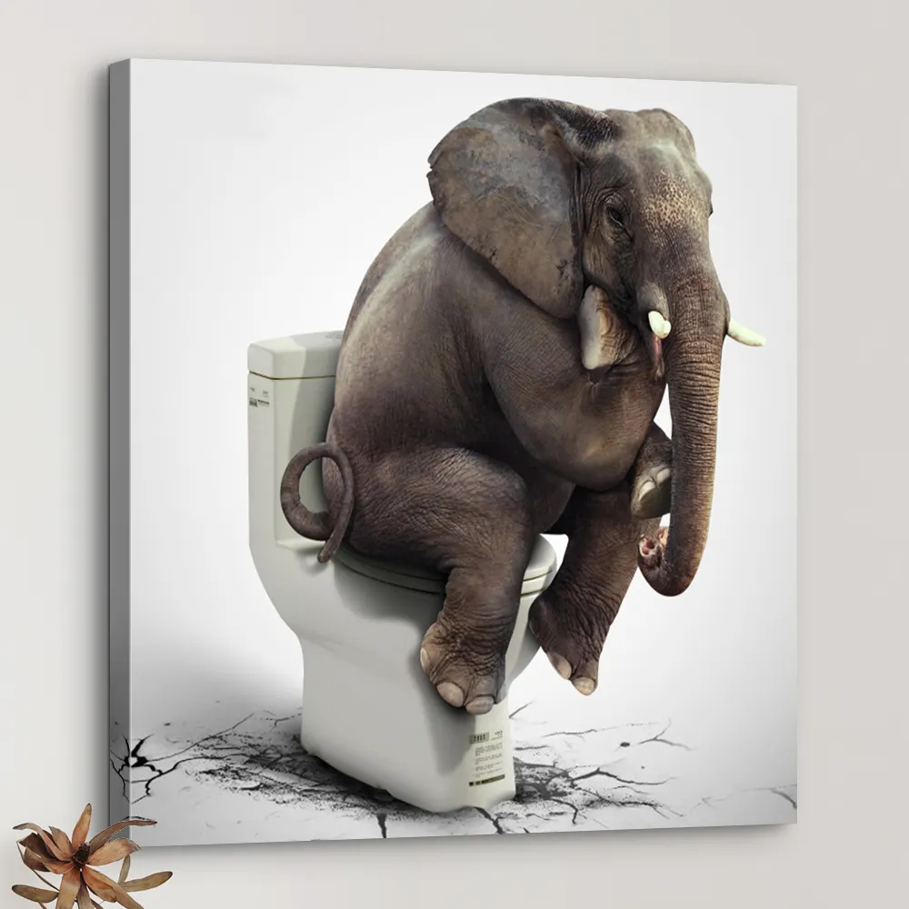 Elephant Animals Sitting On The Toilet Canvas Paintings Printed Murals Hanging On Bathroom Wall Art