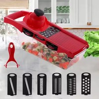 Hete Verkoop 6-In-1 Multifunctionele Plastic Keuken Groentesnijder Fruithakmolen Met Verstelbare Container En Handmatige Dunschiller