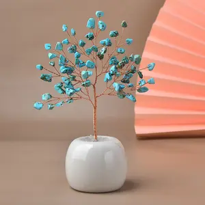 Decoração de árvore de cristal da sorte base de vaso de argila de maçã pedra triturada de cristal natural decoração de árvore da vida