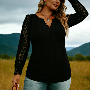 Chemisier ample en fibre de lait pour femme grande taille, à manches longues, avec boutons et dentelle, idéal printemps/automne/été - Product Image 1