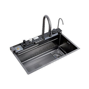 Évier de cuisine Whale Rain 750x450mm en acier inoxydable SUS304 noir titane PVD avec robinet de pluie intégré Zr Gold, kit complet - Product Image 1