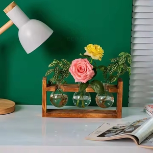 Maceta de vidrio hidropónico respetuosa con el medio ambiente Marco de madera Florero de 3 bombillas Planta Terrario - Product Image 6