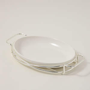 Modern Handpainted Stainless Steel Oval <b>Plate</b> with <b>Stand</b> Silver Finish Dishwasher Safe - Product Image 1