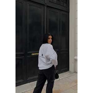 Women's <b>Grey</b> Oversize Silk <b>Sweatshirt</b> with Zipper up Collar and Back Print High Quality Embroidered Daily Style for Winter - Product Image 3