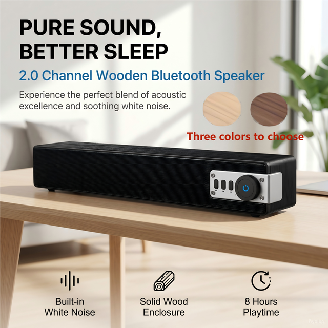 Wireless Soundbar 2.0 Channel Wooden Speaker with Built-in White Noise Sleep Aid Function, 8H Playtime Multi-color Available