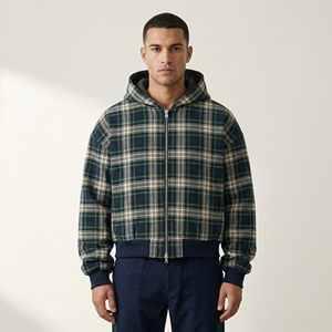 Felpa con cappuccio <span class=keywords><strong>da</strong></span> uomo oversize in cotone felpato pesante 480 g/m² con stampa tartan, maniche a palloncino e zip, personalizzabile con logo - Product Image 2