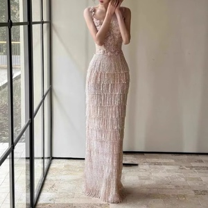 Vestido de Noche Largo con Cuentas Florales 3D en Color Rosa Pálido para Mujer, con Falda de Flecos Escalonados, Vestidos Elegantes para Bodas y Eventos Formales - Product Image 2