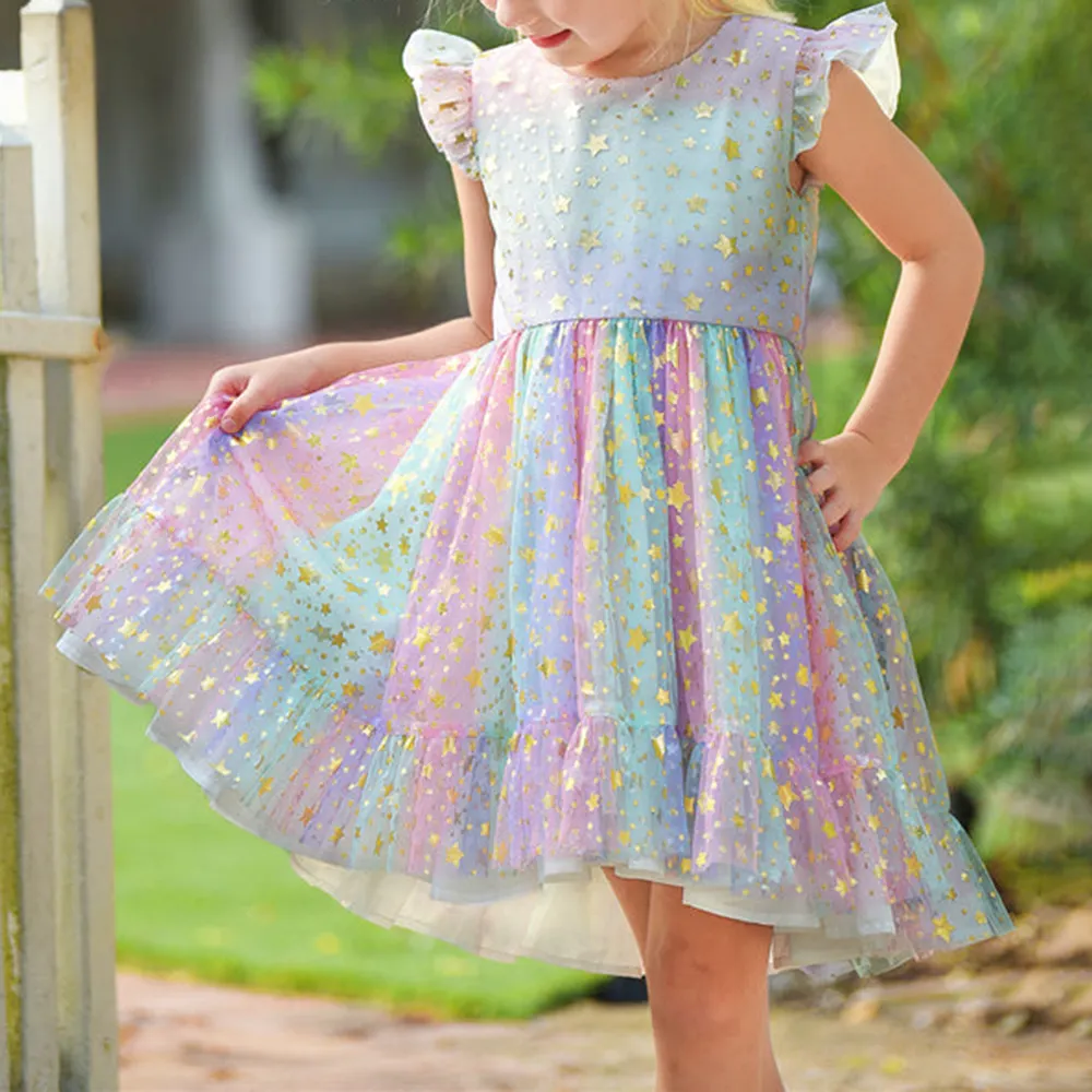 OEM Rainbow Stars Tulle Dress Lining Dress Button Back Flutter Sleeves Highlow Ruffle Dress 3-12 Years Old