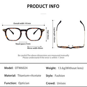 Lunettes de vue OTW6024 en acétate de titane pour hommes et femmes, monture complète classique bleue/dorée, légères, pour visages en forme de losange - Product Image 6