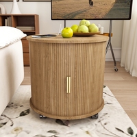 Table d'appoint ronde cannelée de style Mid-Century avec roulettes, table de chevet en bois avec poignée dorée pour chambre à coucher