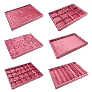 Roze Ketting Display Organizer Luxe Stapelbare Fluwelen Sieraden Bakjes Voor Ring Armbanden Ketting Display Trays