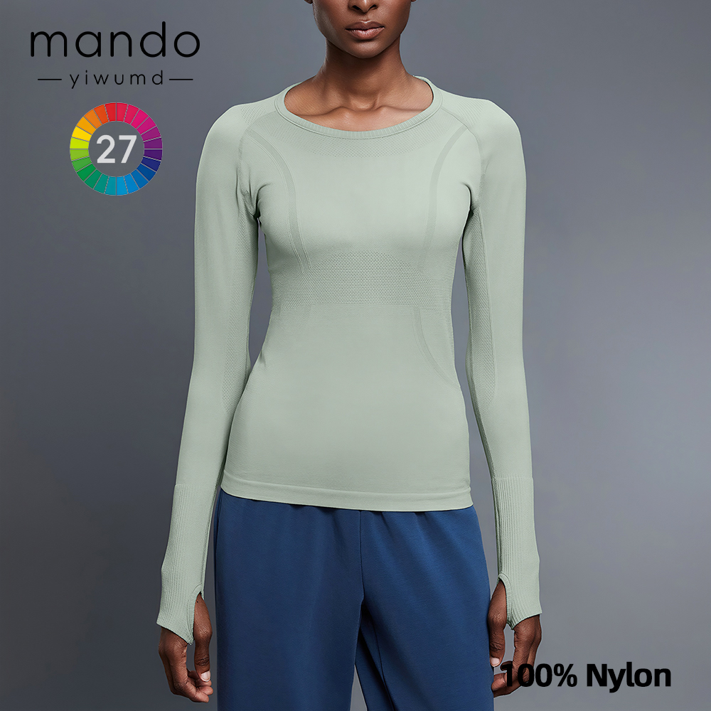 Seamless Ultralight 100% Nylon High Elasticity Long Sleeve Round Neck T-shirt Women's Gym Jogging Sports Yoga Top