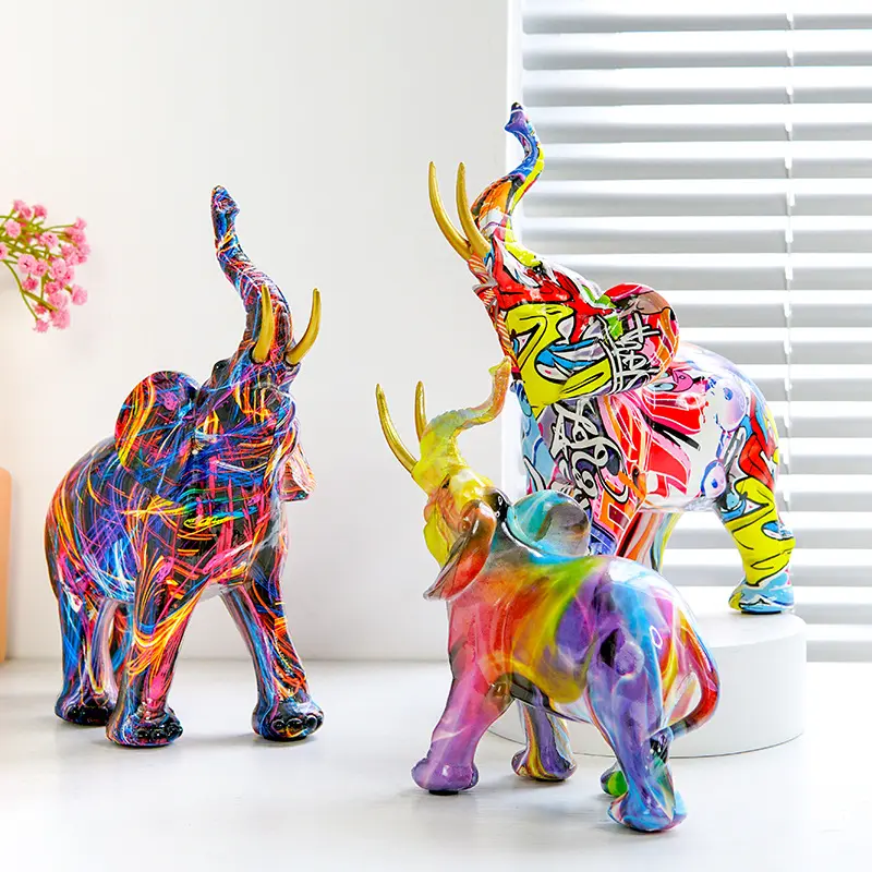 Estatueta criativa de transferência de água para decoração de casa, estatueta de elefante colorido, ornamentos em resina