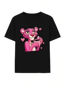T-shirt da donna Pink Panther a maniche corte, girocollo, casual, primaverile, per San Valentino, stampa digitale, 100% poliestere jersey - Product Image 1