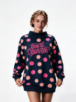 Sweat-shirt tendance pour femmes à col montant à pois, longueur allongée, avec logo brodé personnalisé