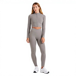 Combinaison pour femme à taille haute et manches longues, couleur unie, fermeture éclair sur le devant, leggings longs, col roulé, séchage rapide, vêtements de sport - Product Image 1