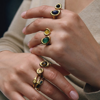 Cincin Wanita Model Terbuka Dapat Disesuaikan, Berbahan Baja Anti Karat Lapis Emas PVD 18K dengan Batu Alam, Perhiasan Jari, Grosir