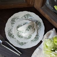 Service de vaisselle en céramique vert baroque européen à motif floral avec dentelle en relief, ensemble vintage de tasses et assiettes pour mariage