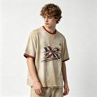 T-shirt Homme Dirty Spray Streetwear X Star Flag Print Col Ringer Vintage Coton Manches Courtes Haut Mode Urbaine Marque Vêtements