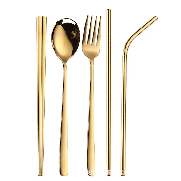 online Hot Sale Eco-friendly Stainless Steel kitchen Tools 6piece Utensils Travel Cutlery Tableware Set With Knife Fork Straw