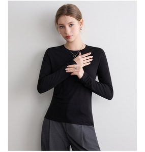 T-shirt pour <span class=keywords><strong>femme</strong></span> à manches longues en <span class=keywords><strong>laine</strong></span> lyocell respirante, couleur unie, col rond, avec logo mignon, pour le printemps <span class=keywords><strong>et</strong></span> l'été - Product Image 2