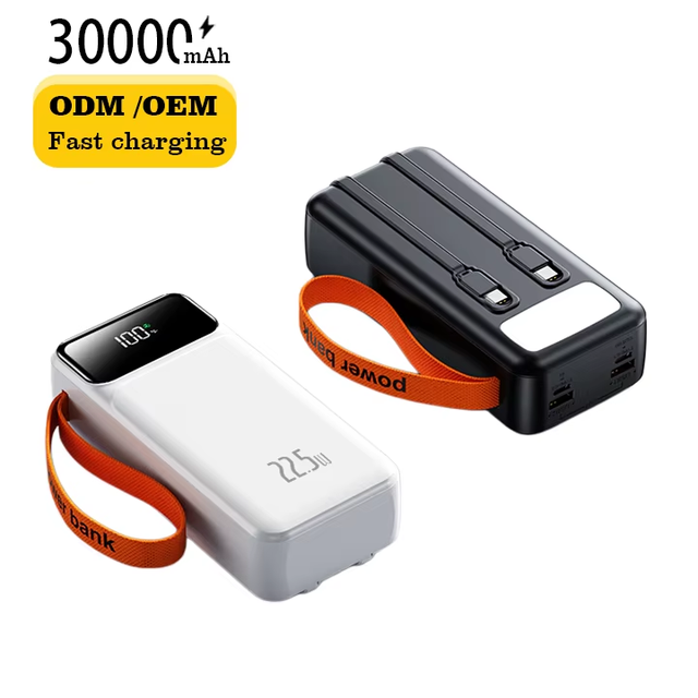 High Capacity Power Bank 30000mAh PD QC3.0 22.5W 20W Fast Charging USB-C Output Built-in Cable LED Light Digital Display