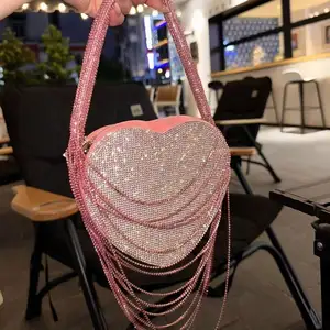 Fashion Luxury New Heart Shape Ladies Diamond Rhinestone Tassel Evening Clutch Bag Evening Sparkling Party Women Handbag For